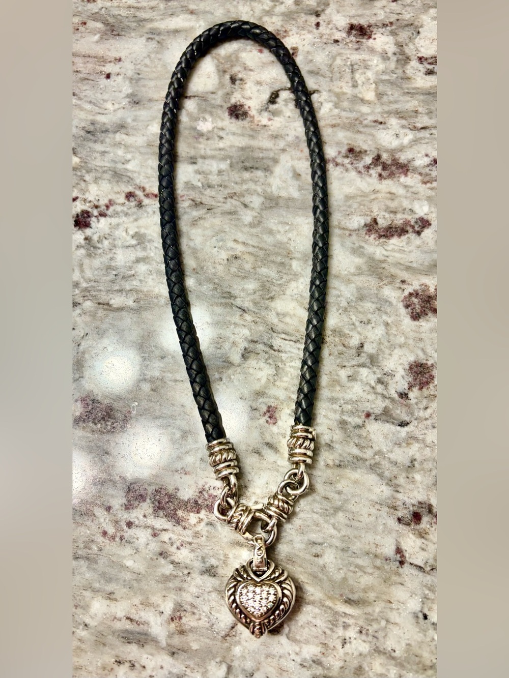Judith Ripka Sterling Silver CZ Heart Pendant Braided Black Leather Necklace 925